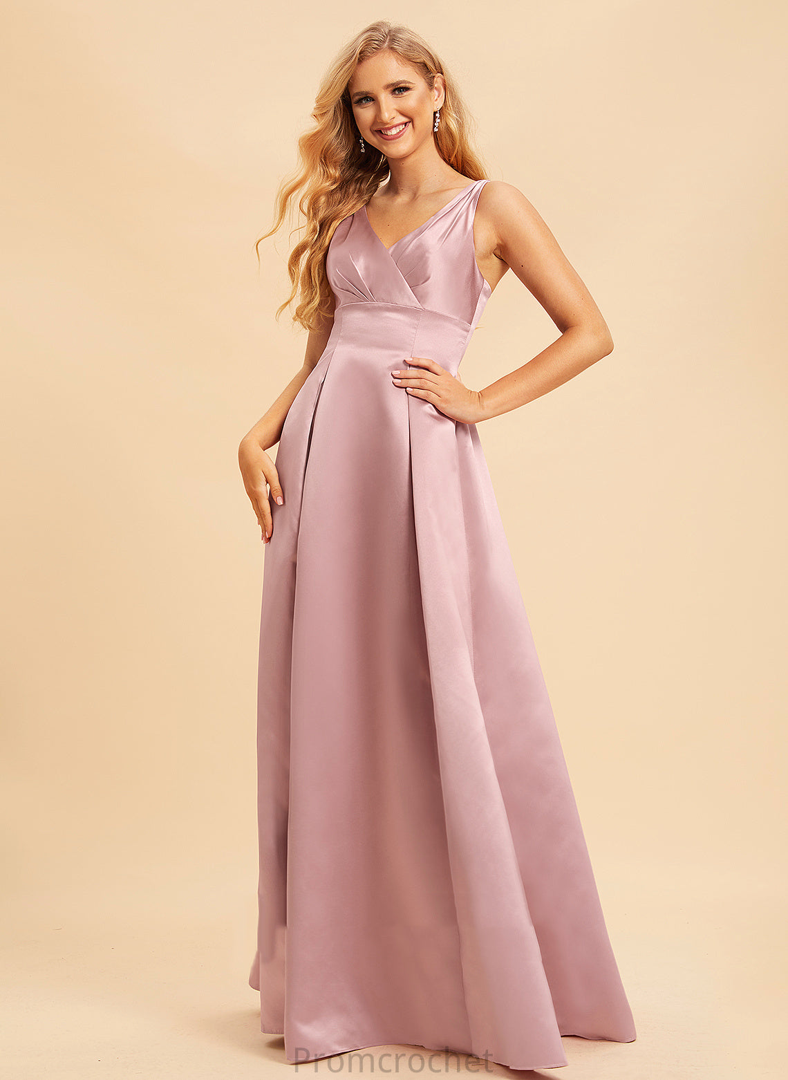 V-neck Length Silhouette Satin Neckline Straps Floor-Length A-Line Fabric Karma Sleeveless Floor Length Bridesmaid Dresses