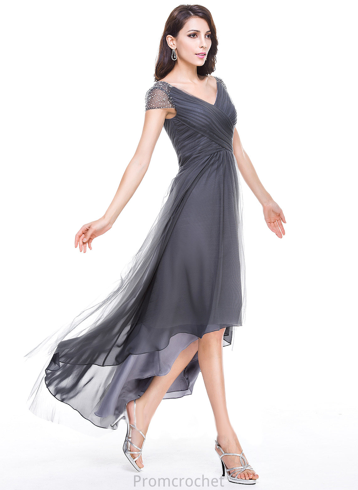 Dress Mother of the Bride Dresses the Emely V-neck of Ruffle Beading Sequins Asymmetrical Bride A-Line With Tulle Mother