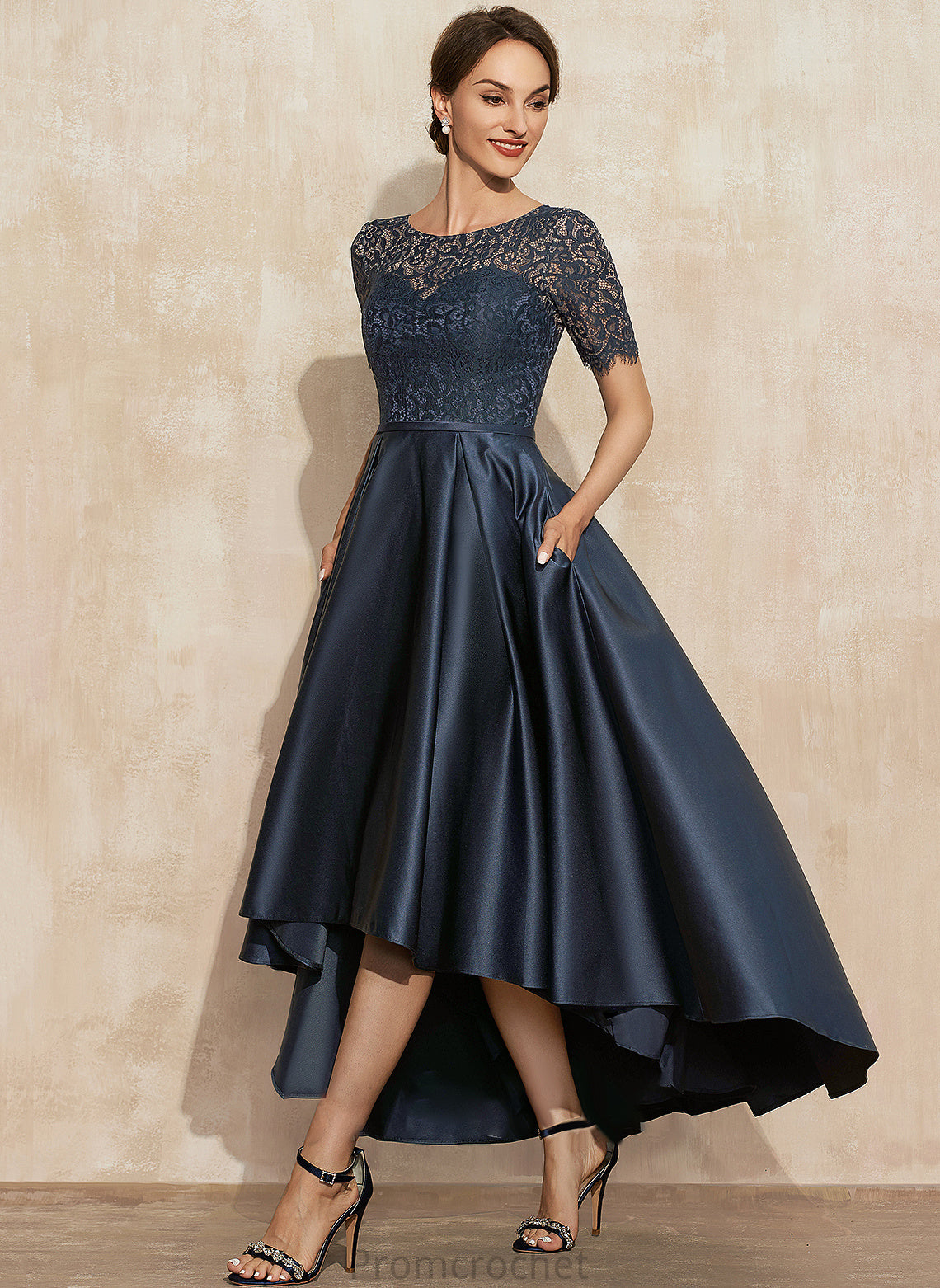 Satin Lace of Bride A-Line Pockets Neck With Mother of the Bride Dresses Scoop Dress Mother Natalie Asymmetrical the