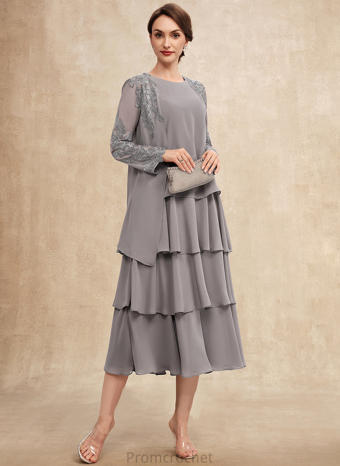 Tea-Length Neck Dress Mother Shyanne A-Line Chiffon Mother of the Bride Dresses Scoop the of Ruffles With Bride Cascading