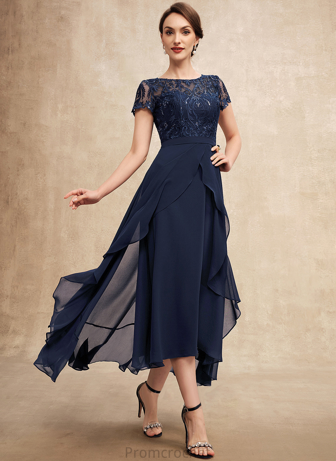 the Neck Tania Sequins Ruffles Chiffon Dress of Scoop Mother of the Bride Dresses Cascading With Lace Bride Mother A-Line Asymmetrical Bow(s)