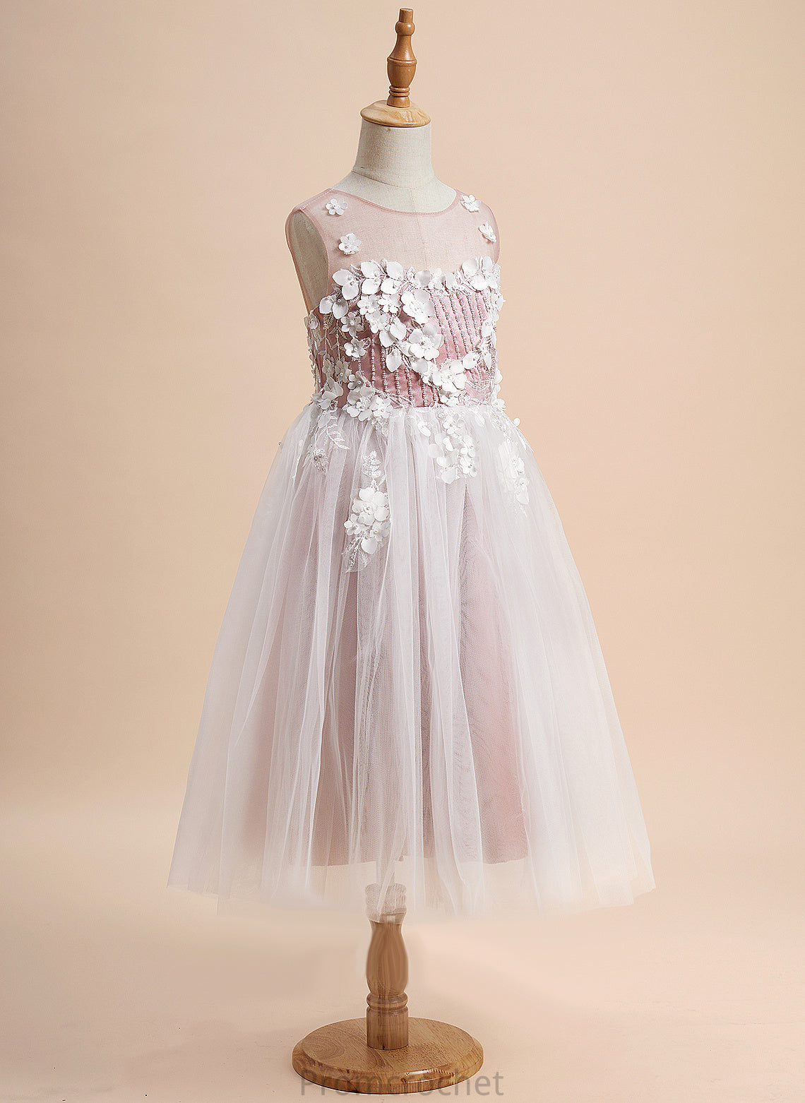 - Girl Scoop Neck Lace/Beading/Flower(s) Dress Tea-length A-Line Sleeveless Jill Flower With Tulle Flower Girl Dresses