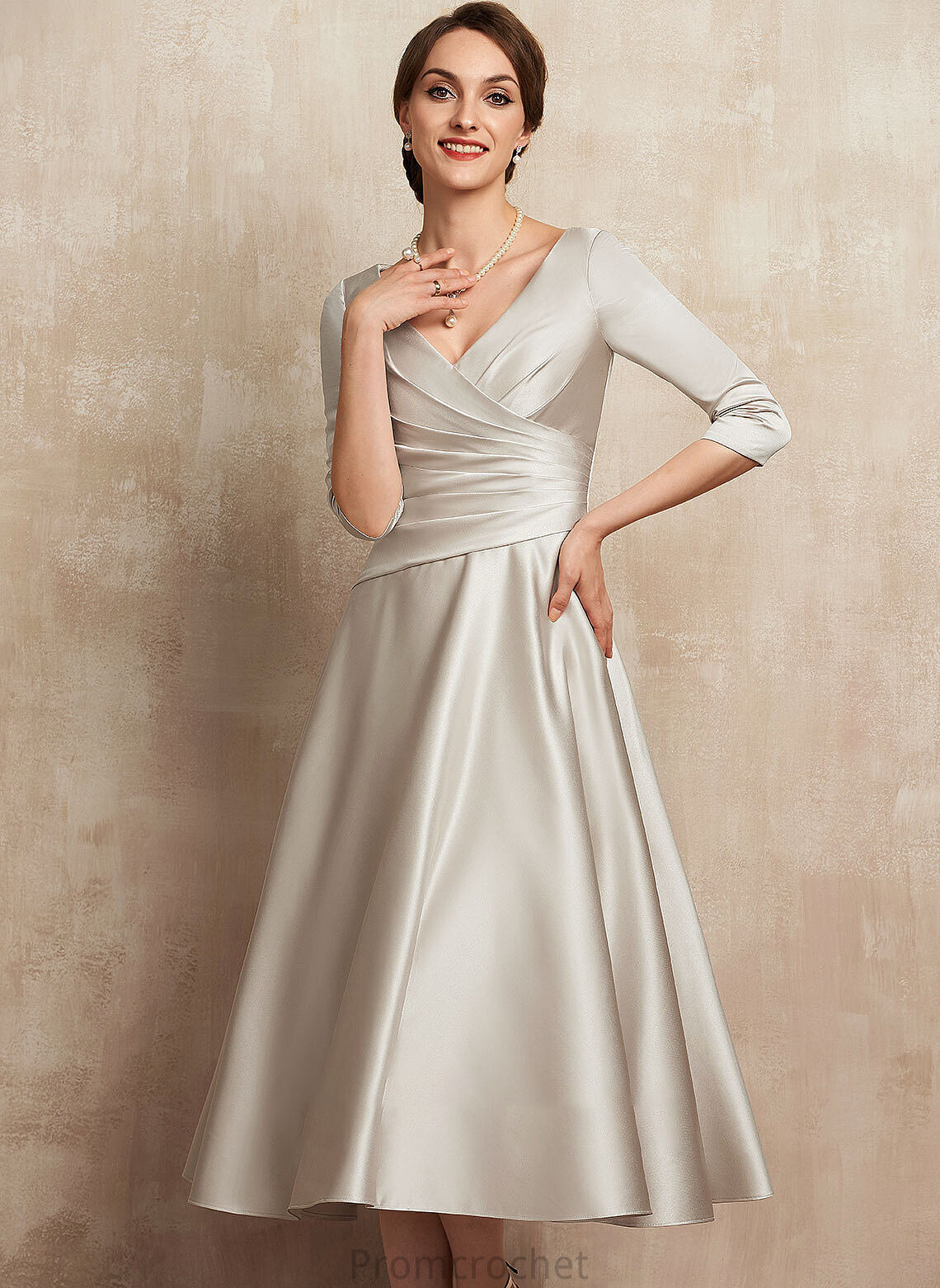 Sal A-Line Satin Mother of the Bride Dresses Tea-Length the V-neck Dress Ruffle With Mother Bride of