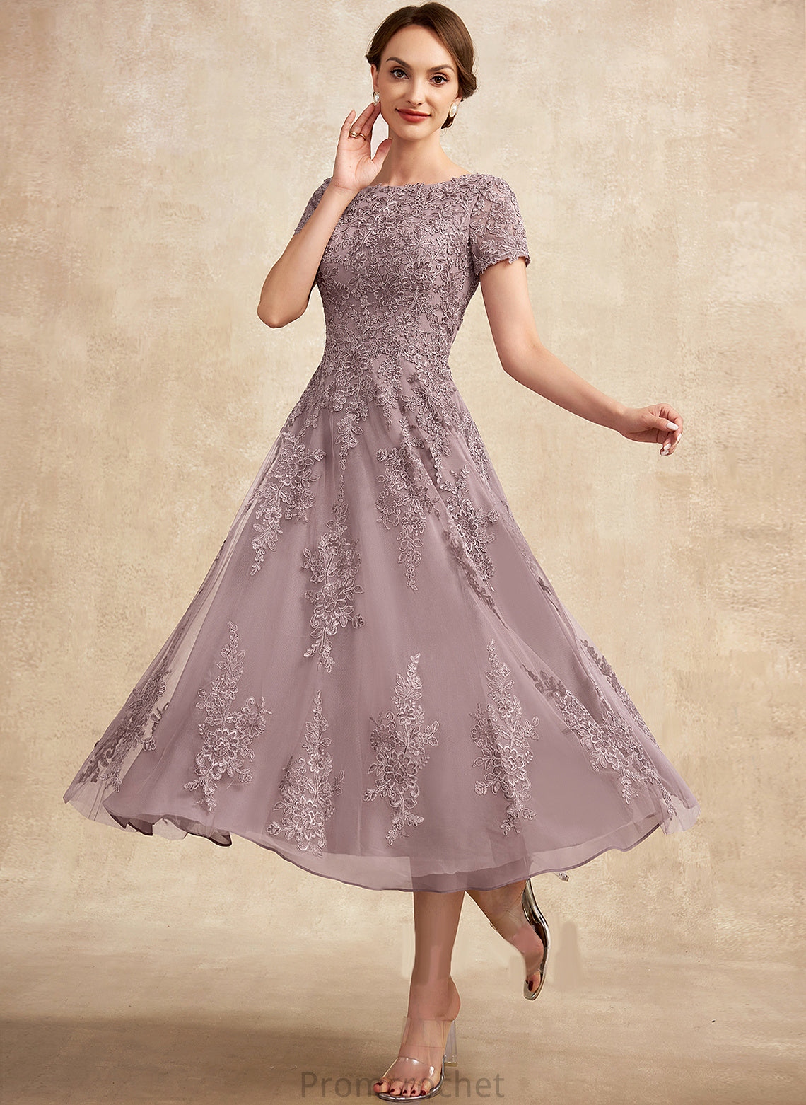 Lace Scoop Neck of Arabella Dress Mother of the Bride Dresses the A-Line Tea-Length Mother Tulle Bride