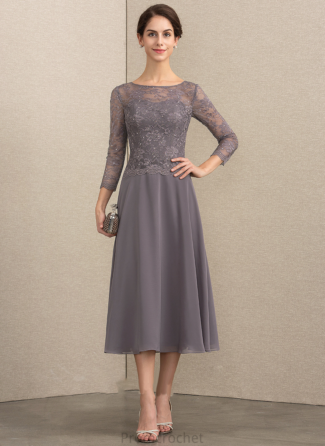 the Sasha Tea-Length Dress Scoop With Mother Chiffon Sequins Mother of the Bride Dresses Neck A-Line of Lace Bride