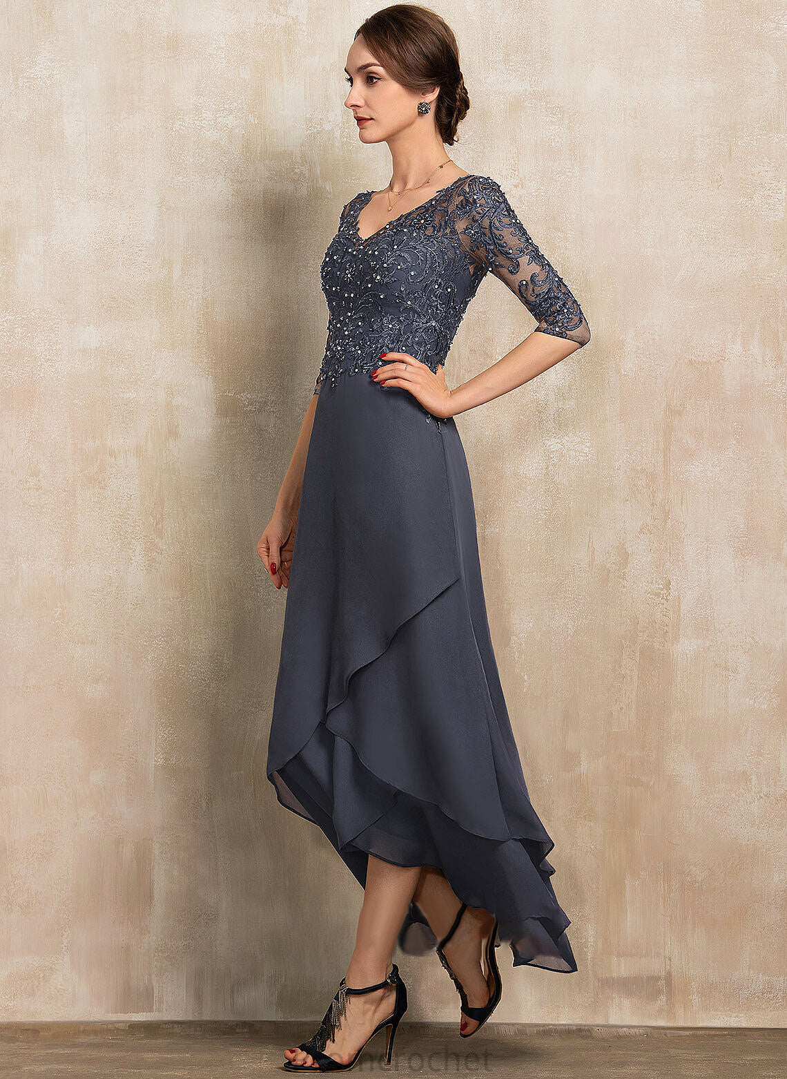 A-Line Mother of the Bride Dresses of Chiffon Thelma Asymmetrical Lace the Bride With V-neck Beading Dress Sequins Mother