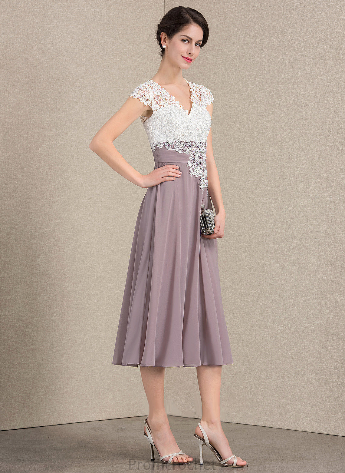 V-neck Lace Tea-Length Mother of the Bride Dresses of Dress the A-Line Mother Anahi Chiffon Bride