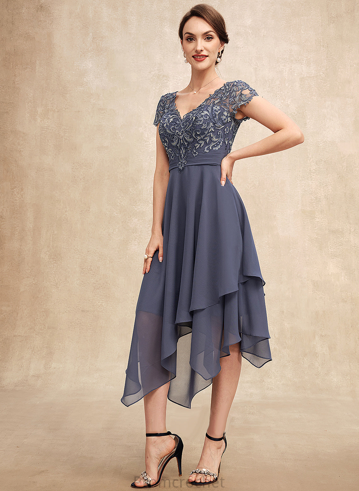 the Asymmetrical Mother Lea Ruffle Bride Mother of the Bride Dresses Lace of Chiffon A-Line Dress With V-neck