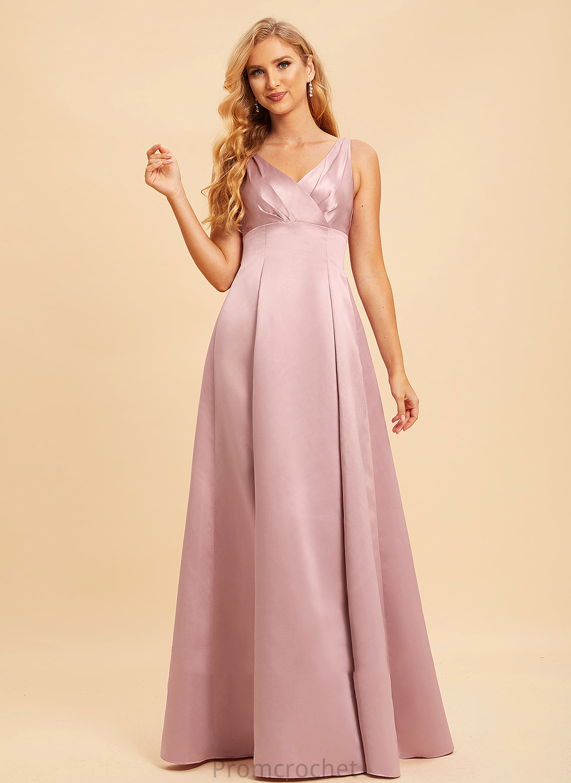 V-neck Length Silhouette Satin Neckline Straps Floor-Length A-Line Fabric Karma Sleeveless Floor Length Bridesmaid Dresses