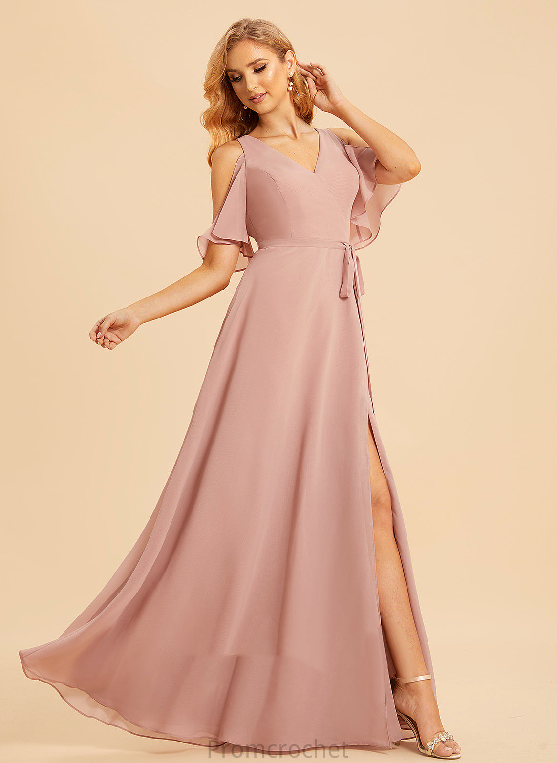 Neckline A-Line Length SplitFront Silhouette Fabric Floor-Length V-neck Embellishment Prudence Spaghetti Staps Off The Shoulder Bridesmaid Dresses