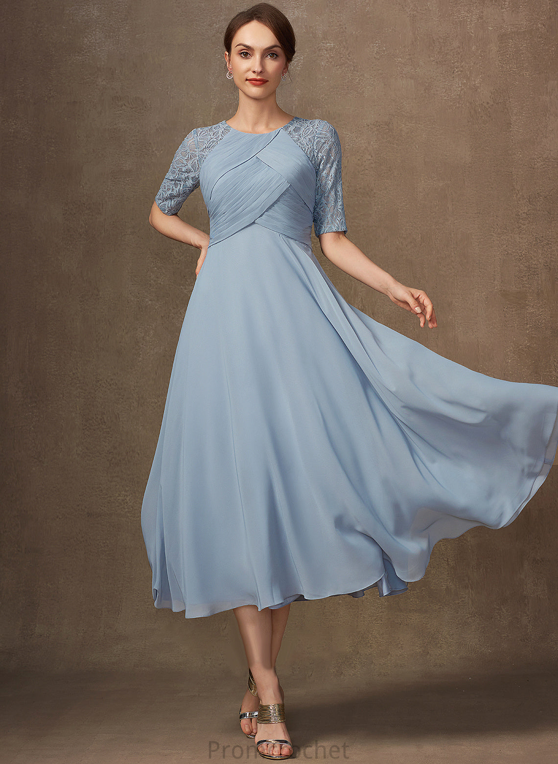 Ruffle Mother Neck of Chiffon Scoop Bride Lace A-Line Mother of the Bride Dresses the Tea-Length Dress With Laurel