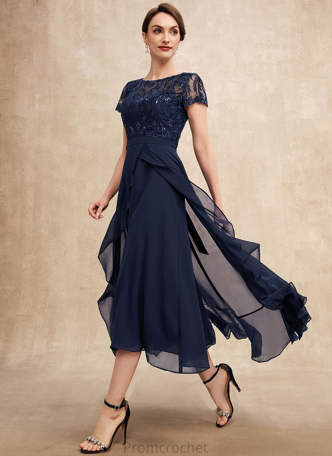 the Neck Tania Sequins Ruffles Chiffon Dress of Scoop Mother of the Bride Dresses Cascading With Lace Bride Mother A-Line Asymmetrical Bow(s)