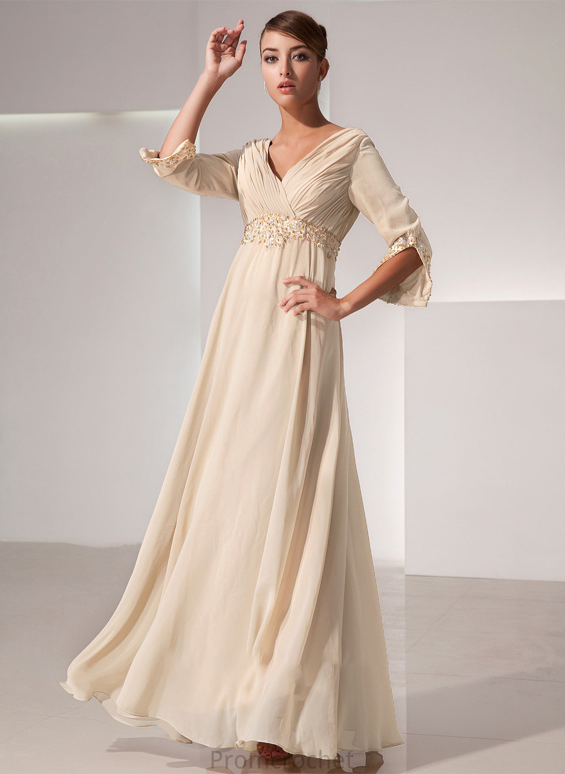 Mother of the Bride Dresses Beading Dress Floor-Length of Bride With V-neck the Ruffle Mother Jacqueline Chiffon Empire