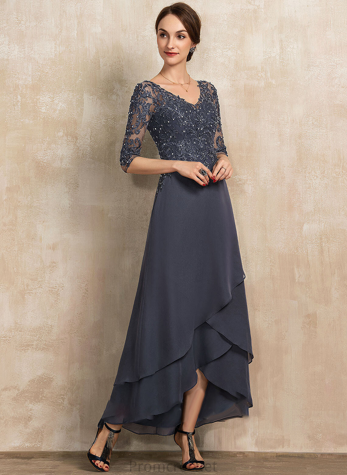 A-Line Mother of the Bride Dresses of Chiffon Thelma Asymmetrical Lace the Bride With V-neck Beading Dress Sequins Mother