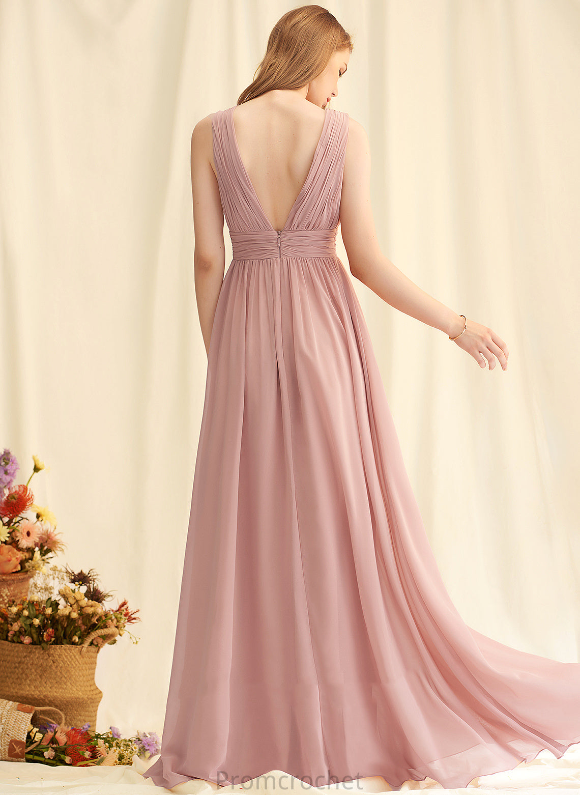 A-Line V-neck Silhouette Neckline Embellishment Length Fabric Floor-Length SplitFront Aliza Scoop Sleeveless Bridesmaid Dresses