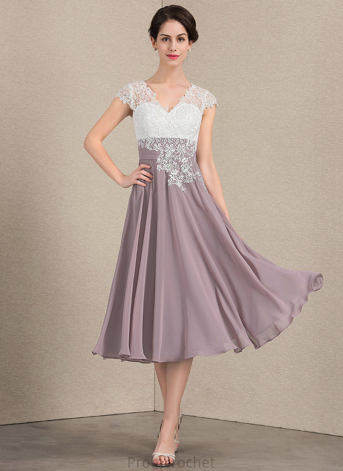 V-neck Lace Tea-Length Mother of the Bride Dresses of Dress the A-Line Mother Anahi Chiffon Bride