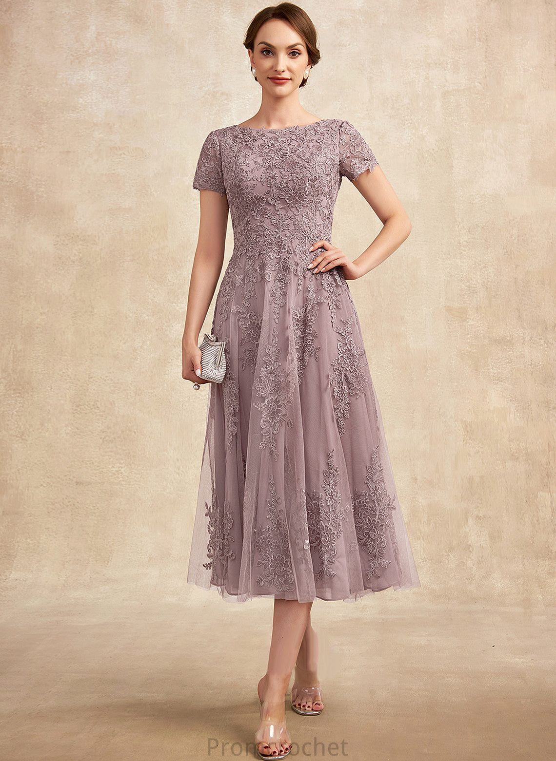 Lace Scoop Neck of Arabella Dress Mother of the Bride Dresses the A-Line Tea-Length Mother Tulle Bride