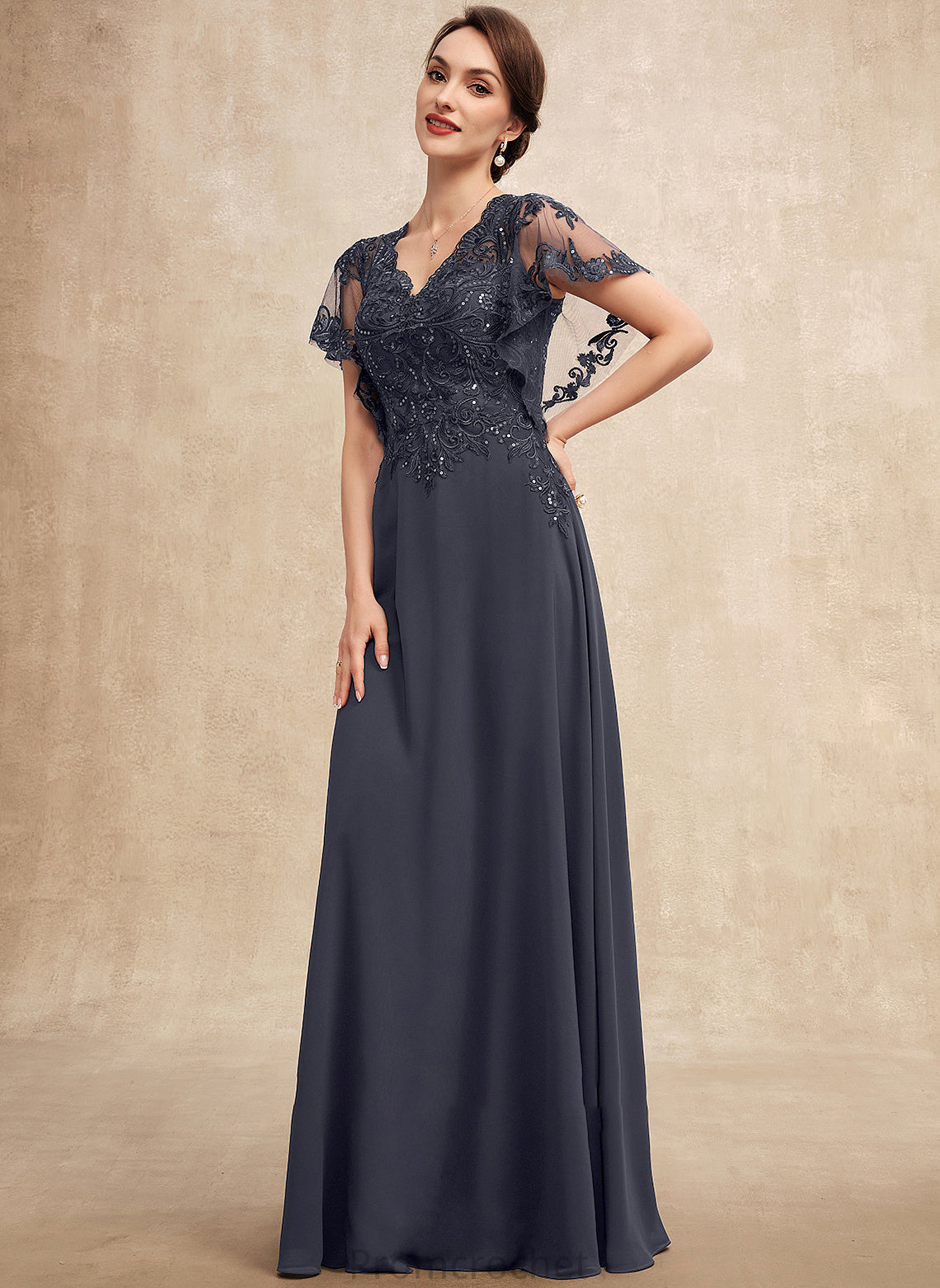 the With of Chiffon A-Line V-neck Mother of the Bride Dresses Dress Phoenix Sequins Mother Lace Bride Floor-Length