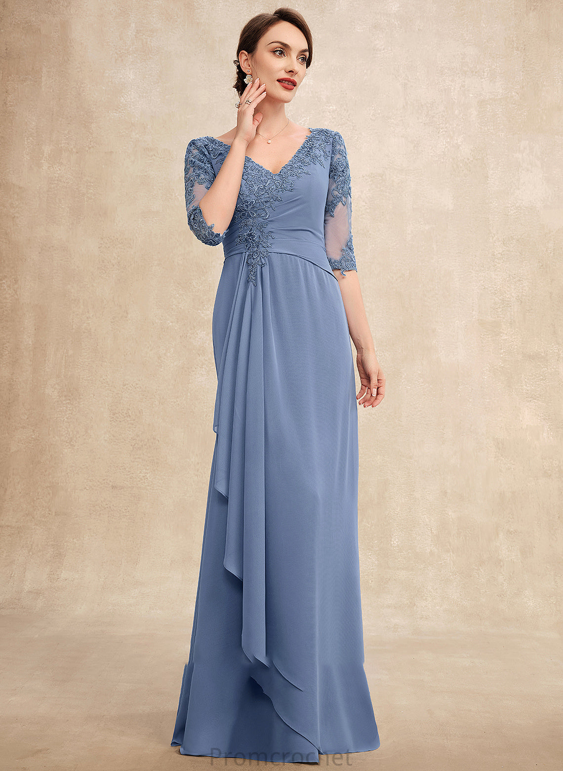 With Dress A-Line Mother Giuliana Mother of the Bride Dresses Floor-Length Bride Chiffon Ruffles Cascading V-neck of Lace the