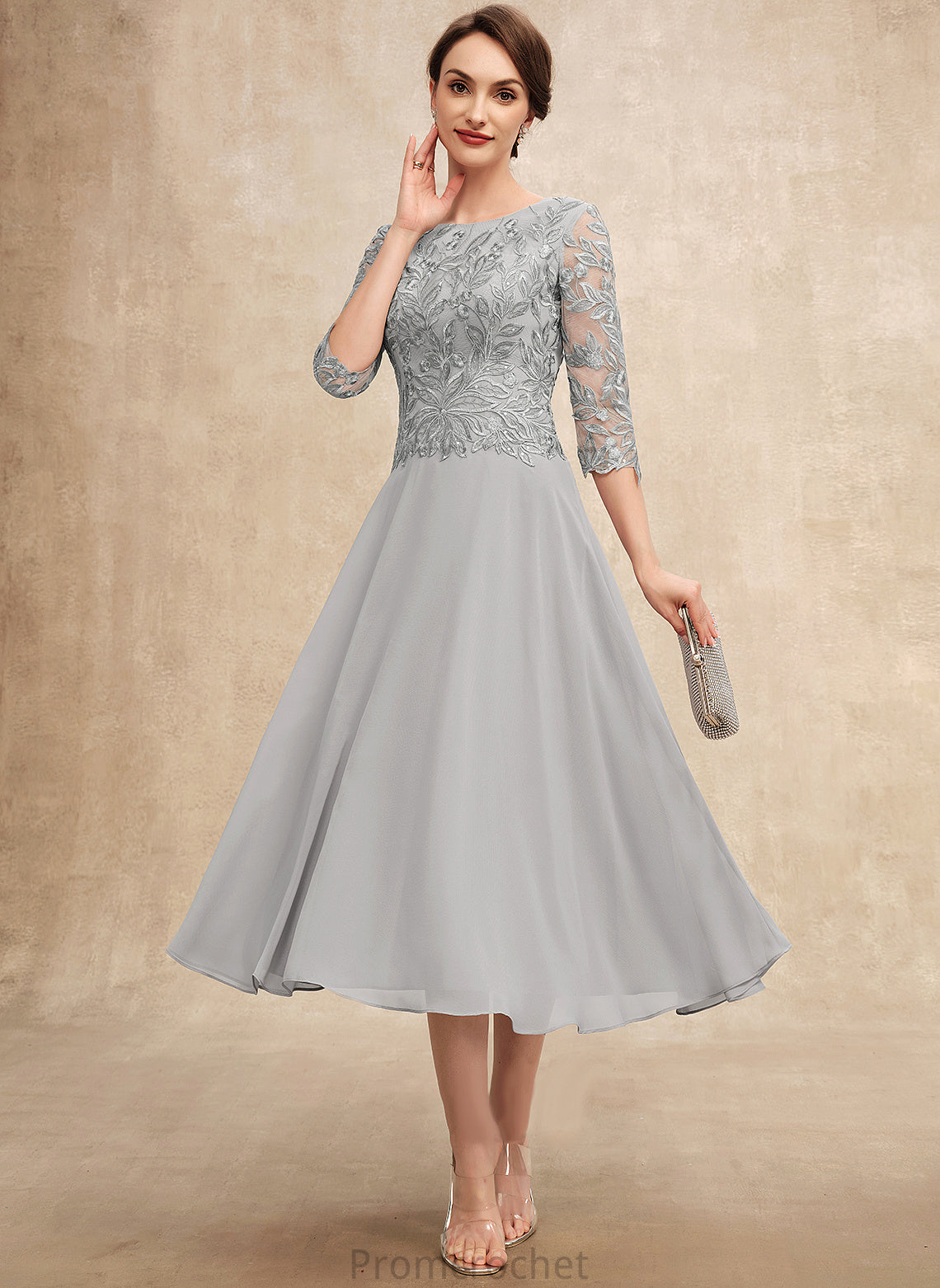 of Marilyn Tea-Length Mother of the Bride Dresses the Scoop A-Line Mother Chiffon Bride Sequins Neck Lace Dress With