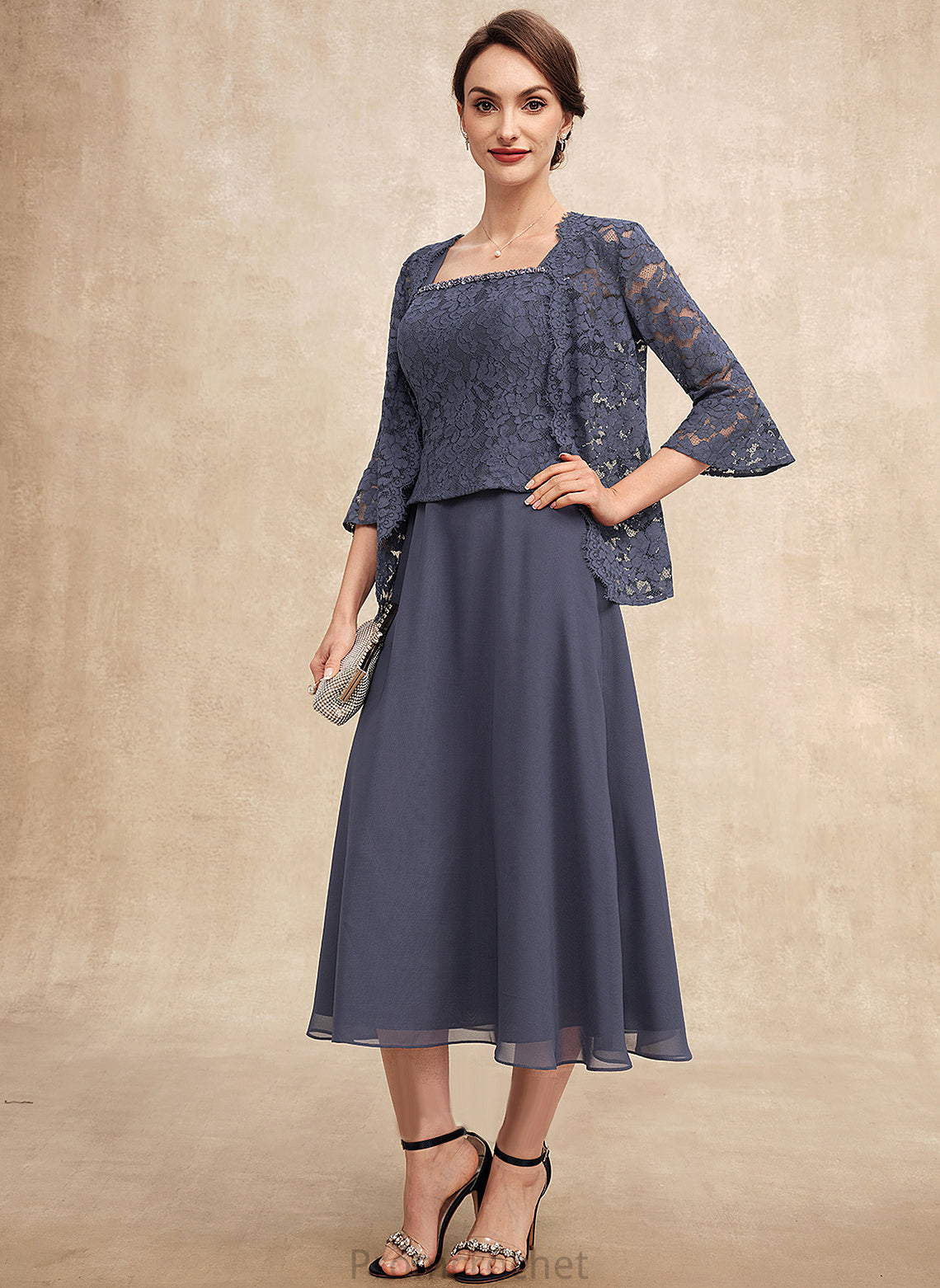 Neckline Lace Bride Chiffon Mother of the Bride Dresses Mother Aurora of Beading A-Line the With Tea-Length Dress Square