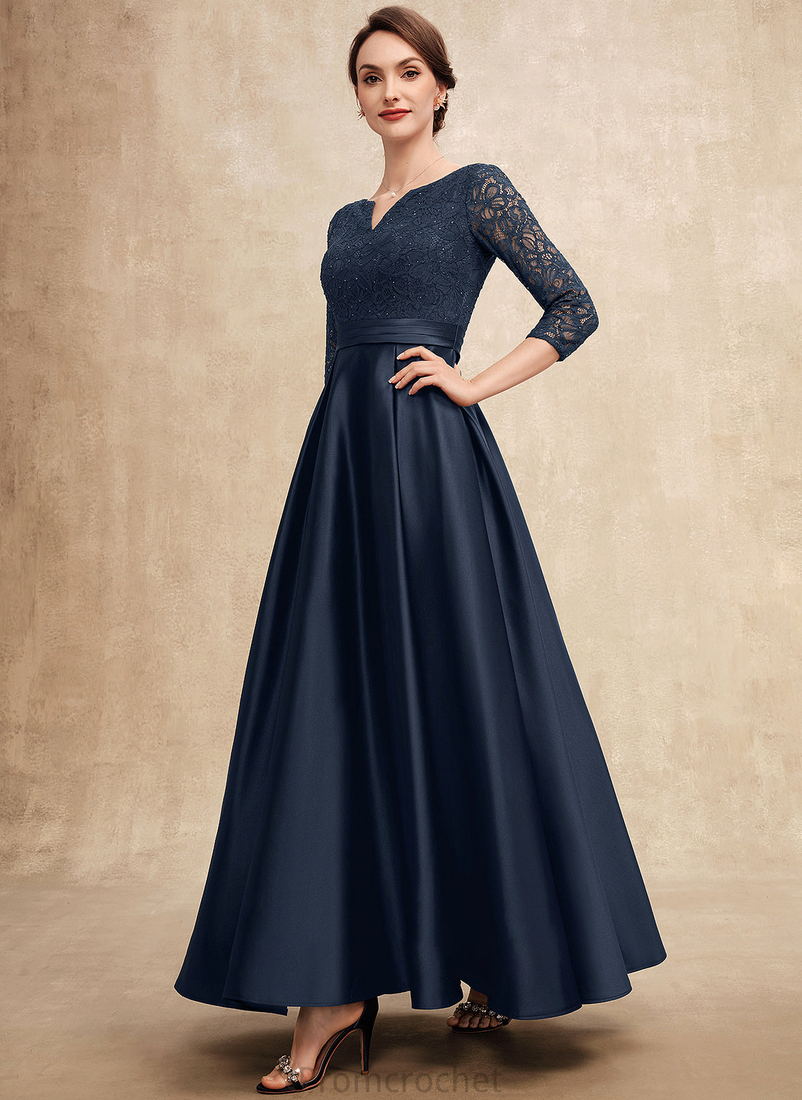 Dress V-neck Mother of the Bride Dresses of Abril Lace Beading Ankle-Length Satin A-Line With Bride the Mother