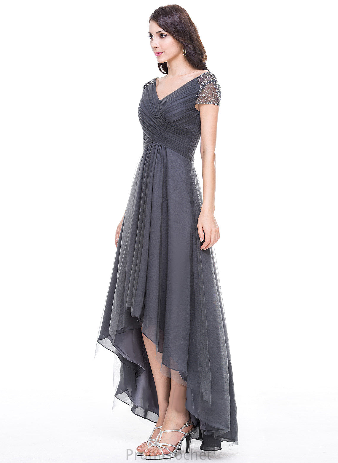 Dress Mother of the Bride Dresses the Emely V-neck of Ruffle Beading Sequins Asymmetrical Bride A-Line With Tulle Mother