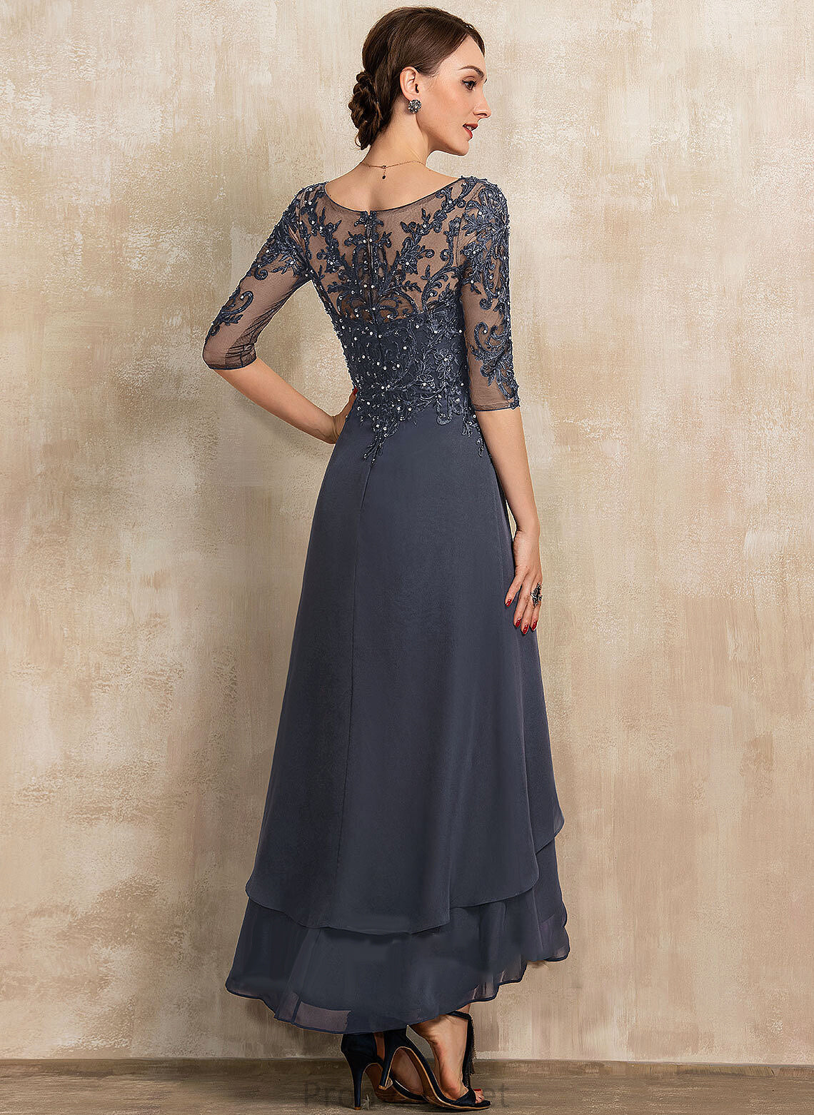 A-Line Mother of the Bride Dresses of Chiffon Thelma Asymmetrical Lace the Bride With V-neck Beading Dress Sequins Mother