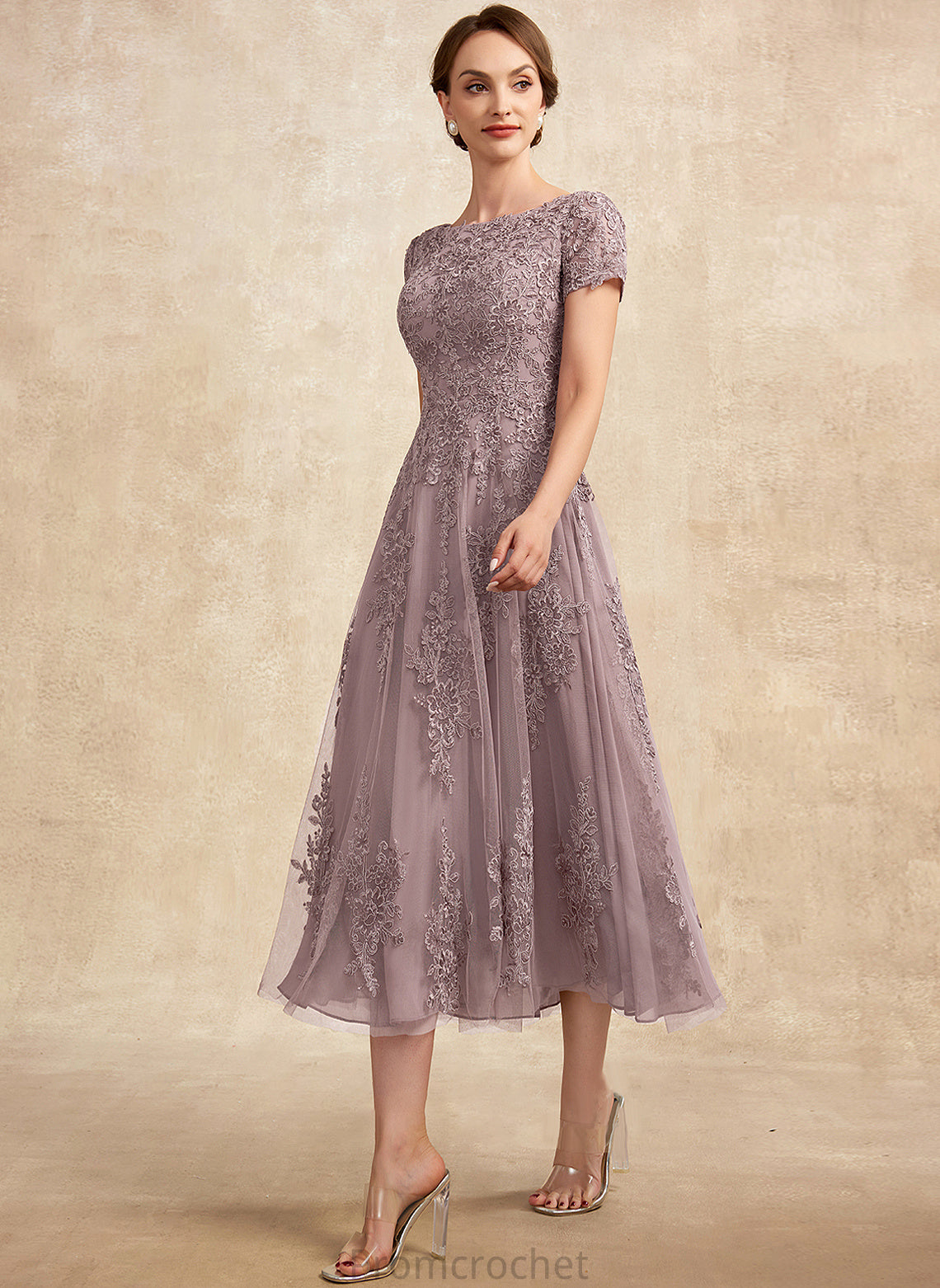 Lace Scoop Neck of Arabella Dress Mother of the Bride Dresses the A-Line Tea-Length Mother Tulle Bride