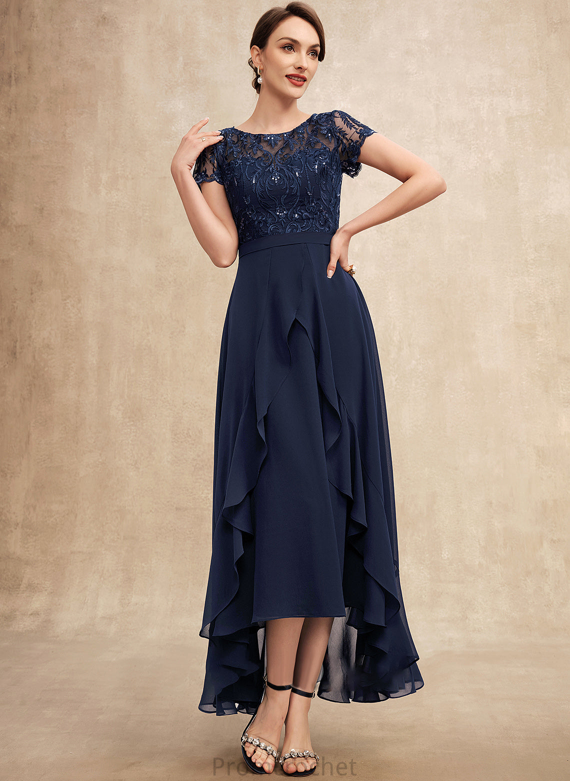 the Neck Tania Sequins Ruffles Chiffon Dress of Scoop Mother of the Bride Dresses Cascading With Lace Bride Mother A-Line Asymmetrical Bow(s)