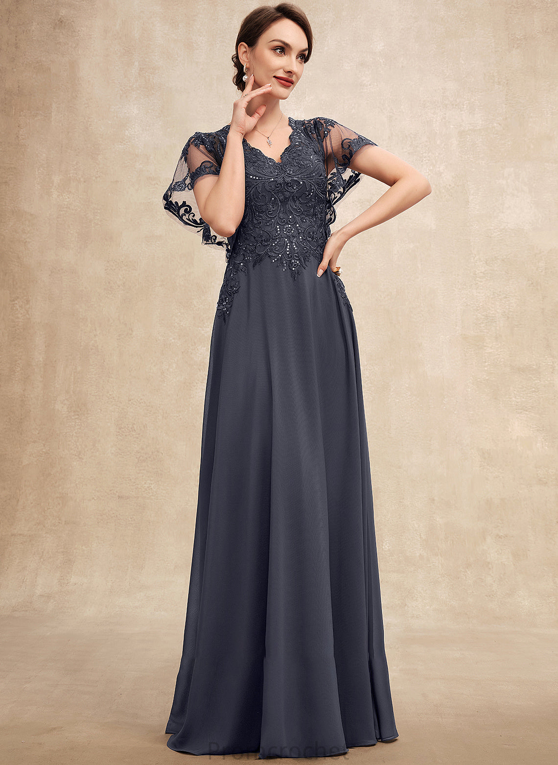 the With of Chiffon A-Line V-neck Mother of the Bride Dresses Dress Phoenix Sequins Mother Lace Bride Floor-Length