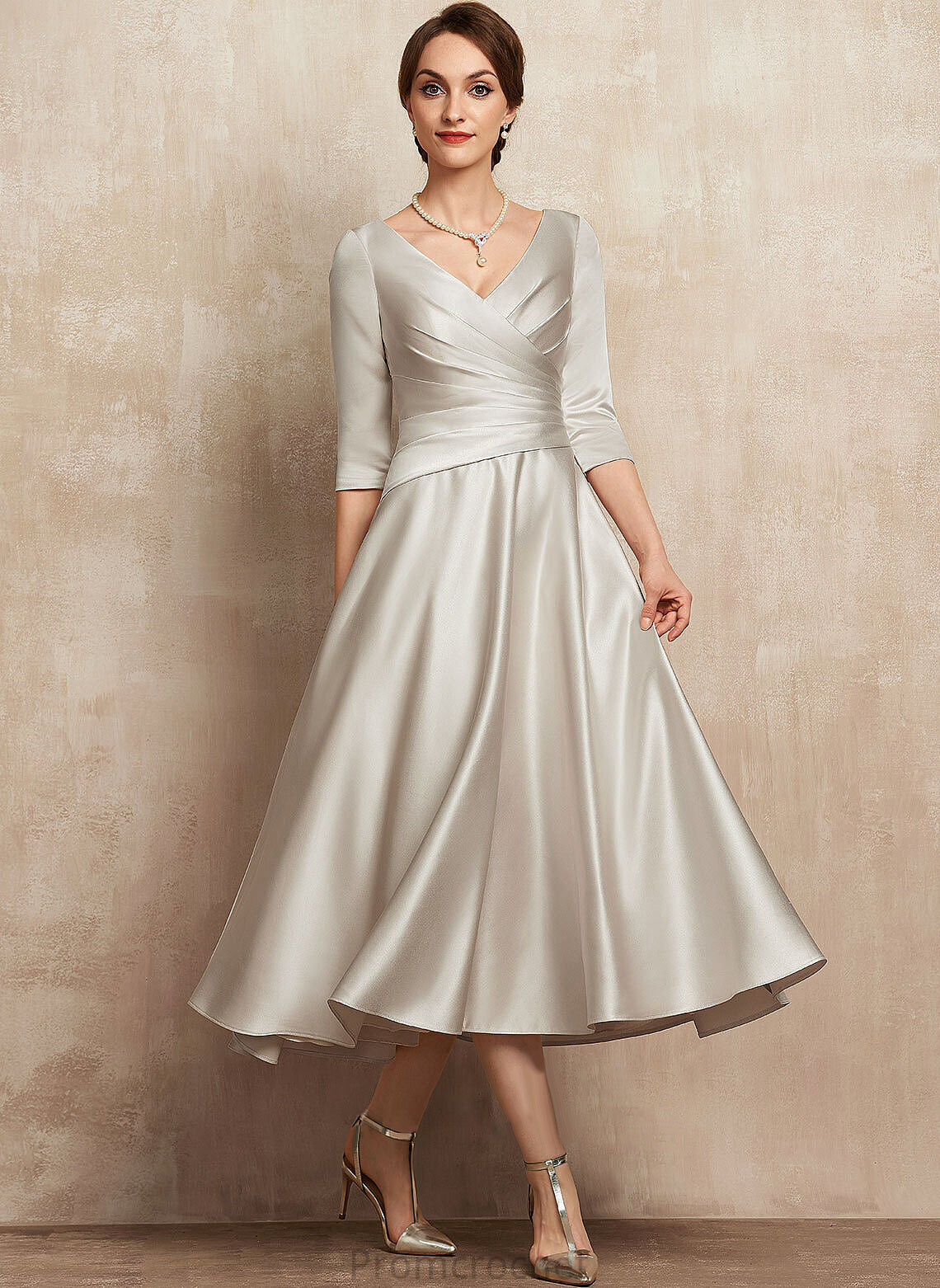 Sal A-Line Satin Mother of the Bride Dresses Tea-Length the V-neck Dress Ruffle With Mother Bride of