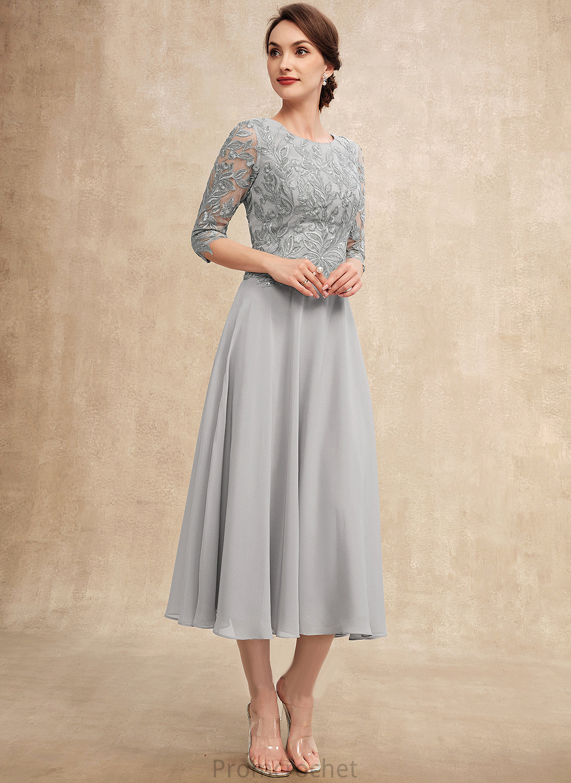 of Marilyn Tea-Length Mother of the Bride Dresses the Scoop A-Line Mother Chiffon Bride Sequins Neck Lace Dress With