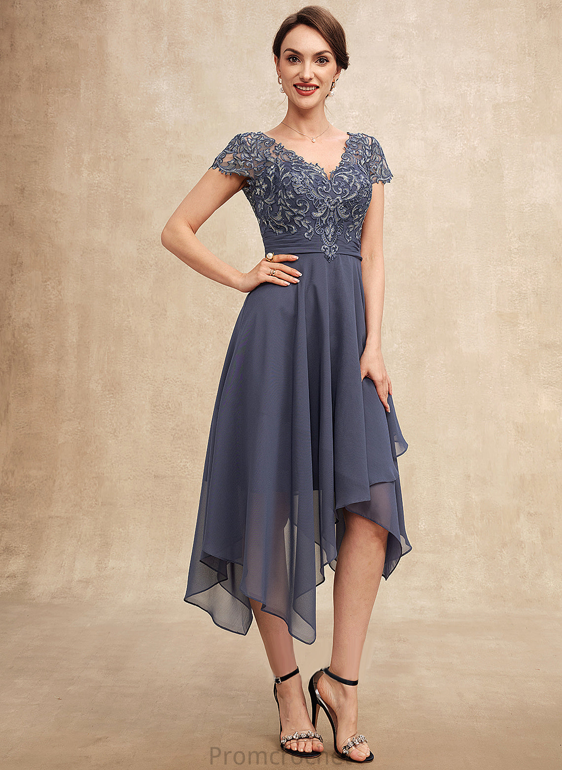 the Asymmetrical Mother Lea Ruffle Bride Mother of the Bride Dresses Lace of Chiffon A-Line Dress With V-neck