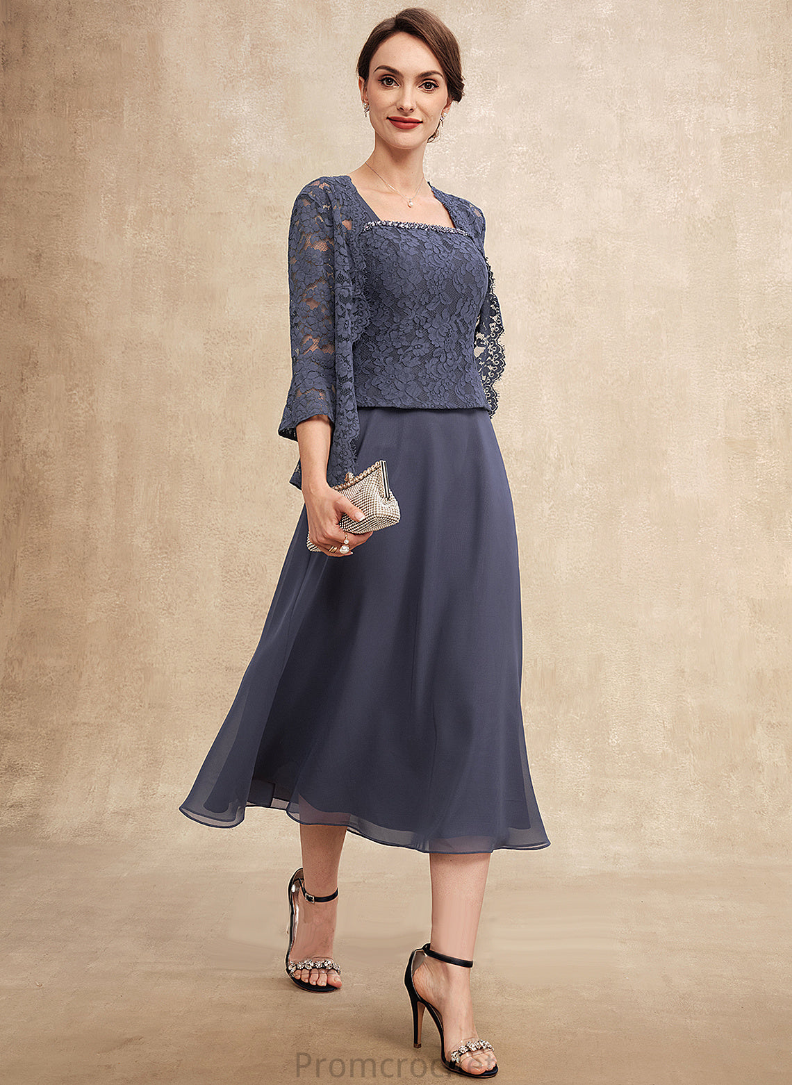 Neckline Lace Bride Chiffon Mother of the Bride Dresses Mother Aurora of Beading A-Line the With Tea-Length Dress Square