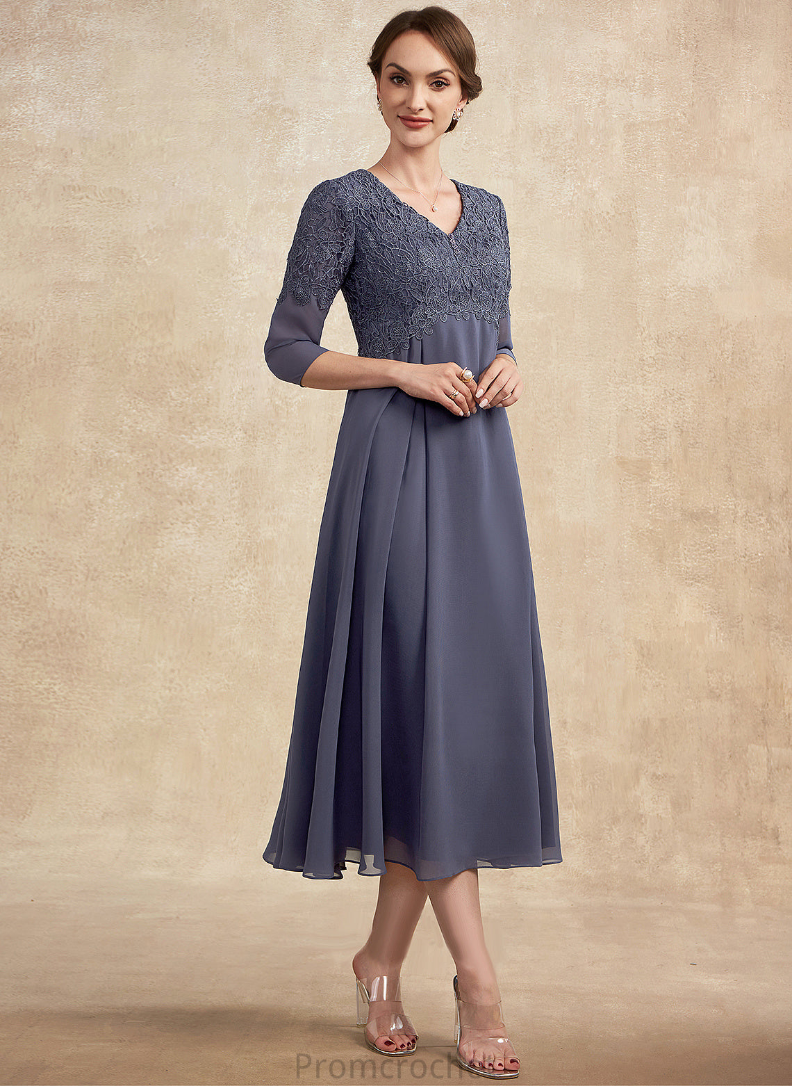 V-neck Chiffon Beading A-Line Bride of Mother Chanel the With Lace Mother of the Bride Dresses Tea-Length Dress