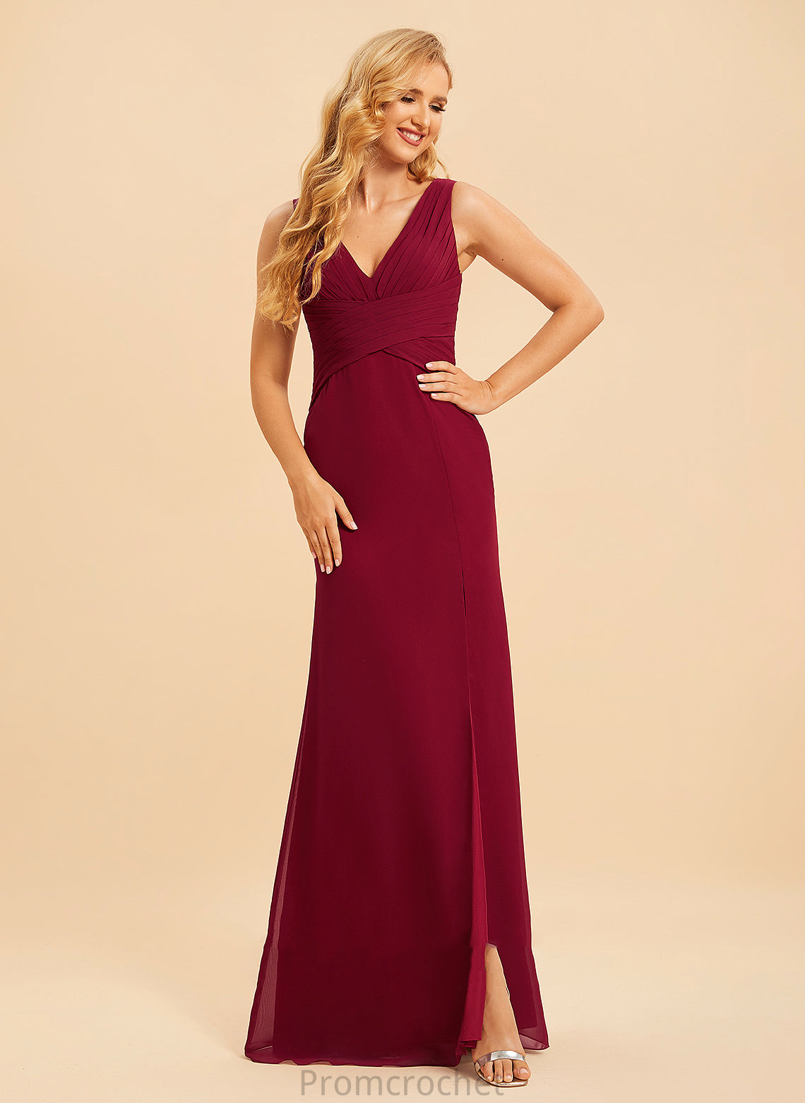 V-neck Silhouette Neckline Floor-Length Trumpet/Mermaid SplitFront Embellishment Fabric Length Tess A-Line/Princess Sleeveless Bridesmaid Dresses