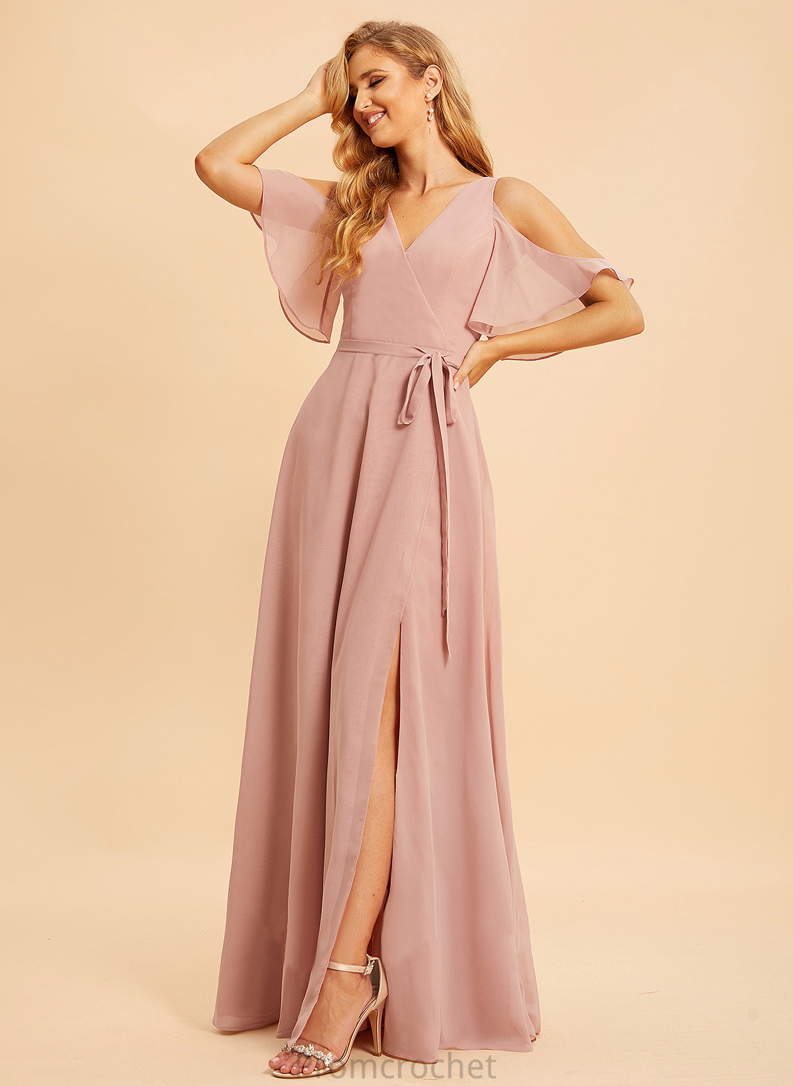 Neckline A-Line Length SplitFront Silhouette Fabric Floor-Length V-neck Embellishment Prudence Spaghetti Staps Off The Shoulder Bridesmaid Dresses