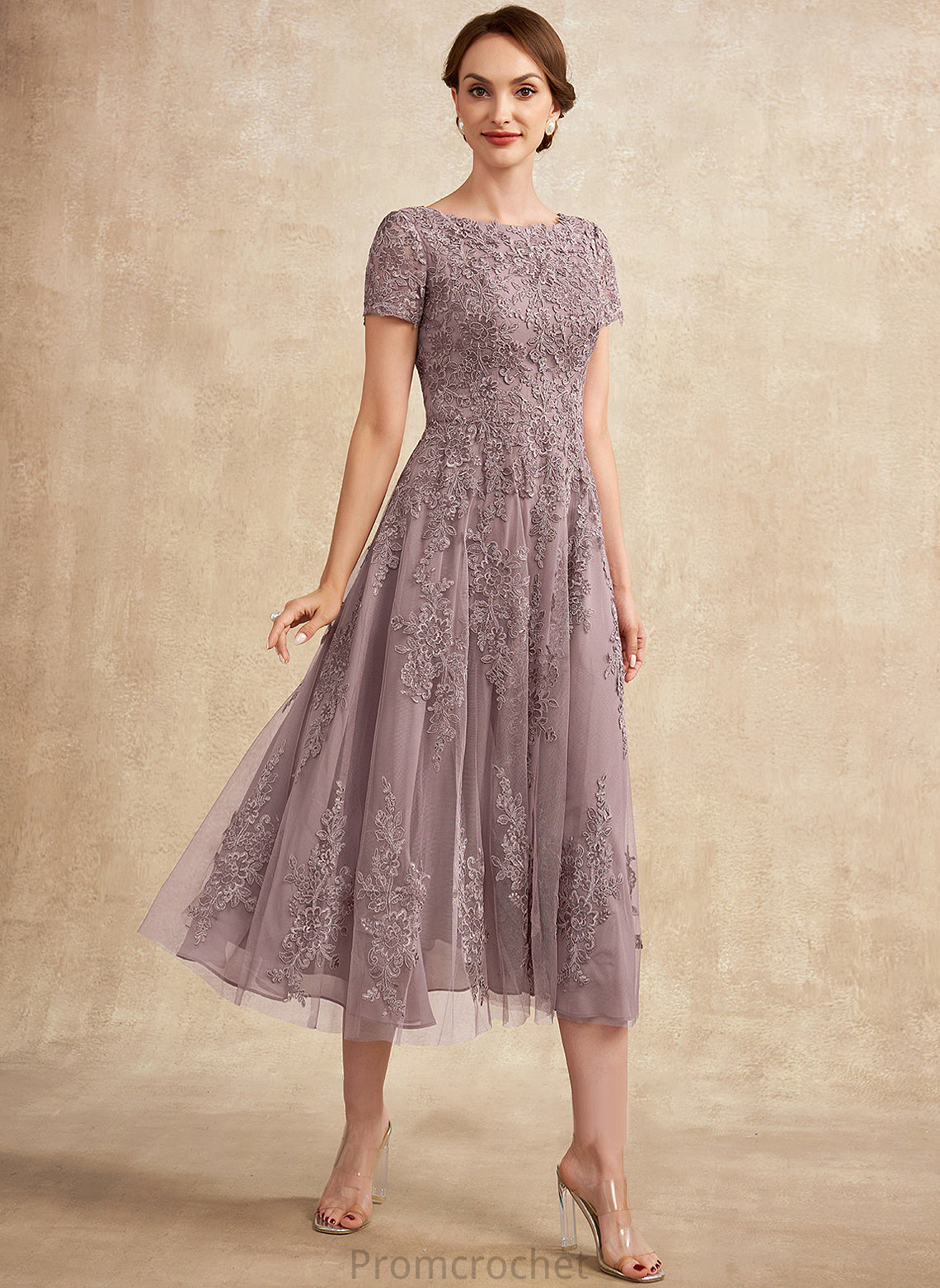 Lace Scoop Neck of Arabella Dress Mother of the Bride Dresses the A-Line Tea-Length Mother Tulle Bride