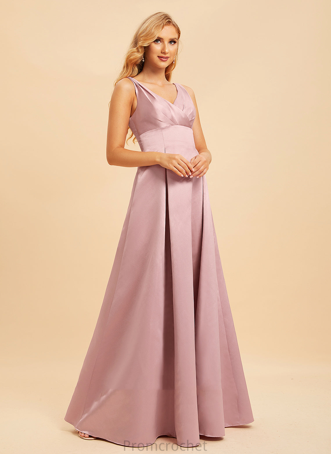 V-neck Length Silhouette Satin Neckline Straps Floor-Length A-Line Fabric Karma Sleeveless Floor Length Bridesmaid Dresses