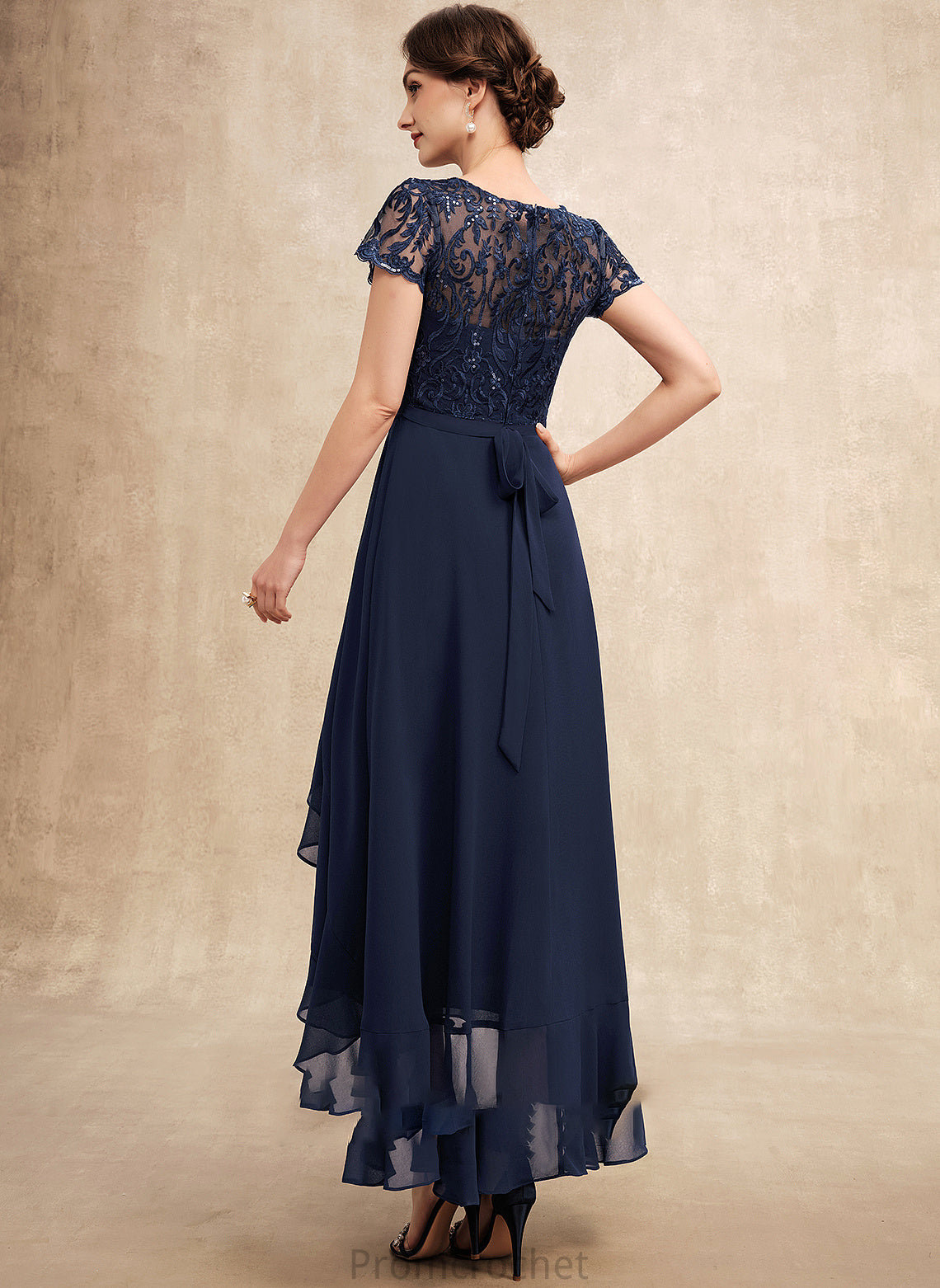 the Neck Tania Sequins Ruffles Chiffon Dress of Scoop Mother of the Bride Dresses Cascading With Lace Bride Mother A-Line Asymmetrical Bow(s)