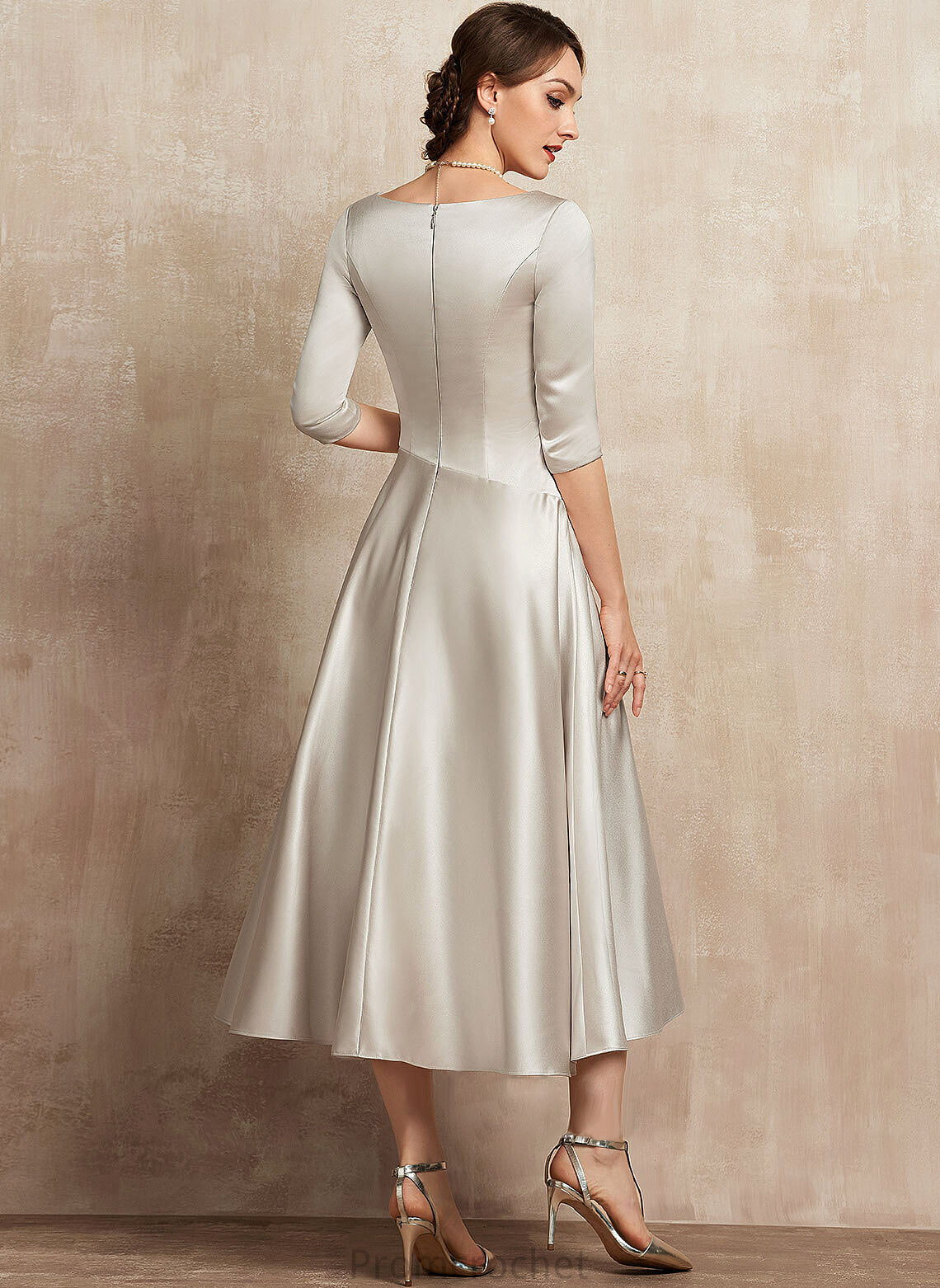 Sal A-Line Satin Mother of the Bride Dresses Tea-Length the V-neck Dress Ruffle With Mother Bride of