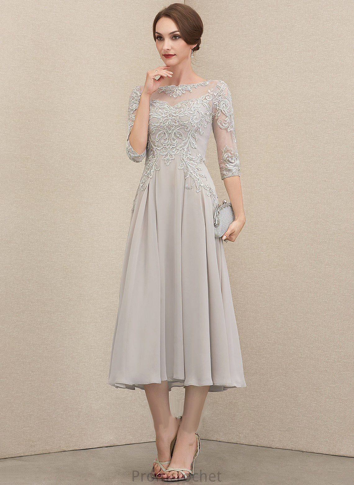 Yamilet Lace Dress the Bride Scoop Sequins Chiffon Mother Mother of the Bride Dresses Neck With Tea-Length A-Line of Beading