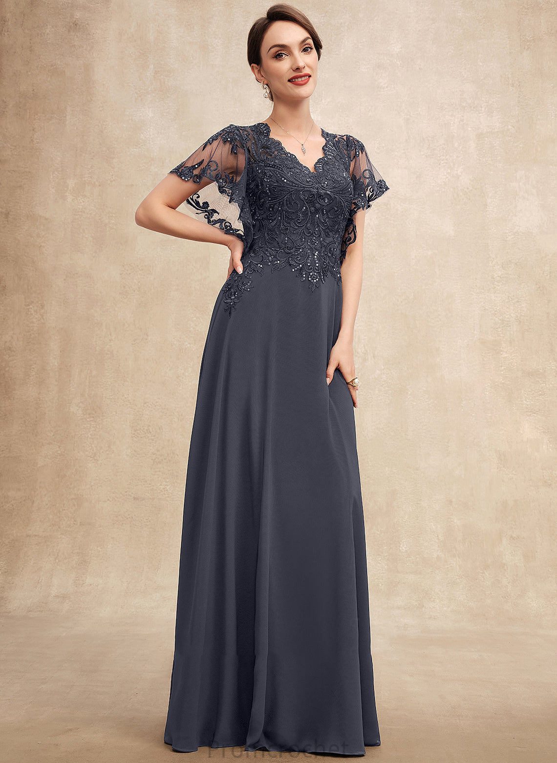 the With of Chiffon A-Line V-neck Mother of the Bride Dresses Dress Phoenix Sequins Mother Lace Bride Floor-Length