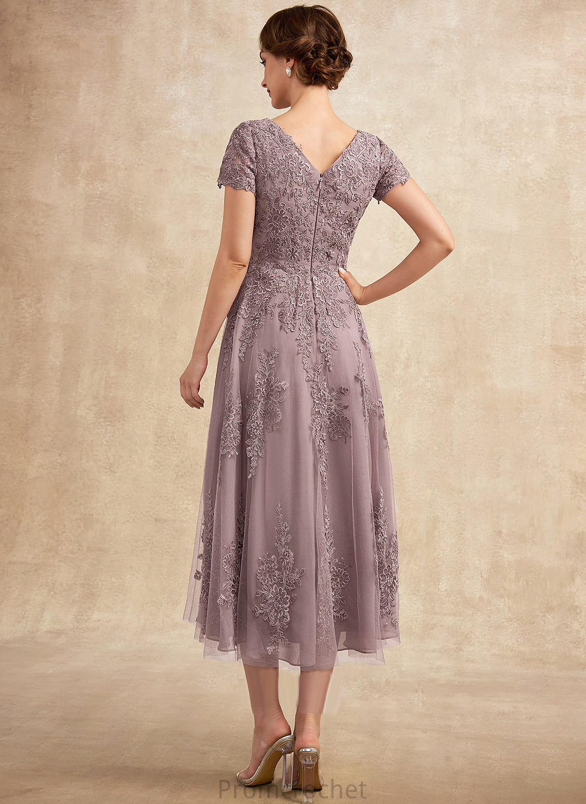 Lace Scoop Neck of Arabella Dress Mother of the Bride Dresses the A-Line Tea-Length Mother Tulle Bride