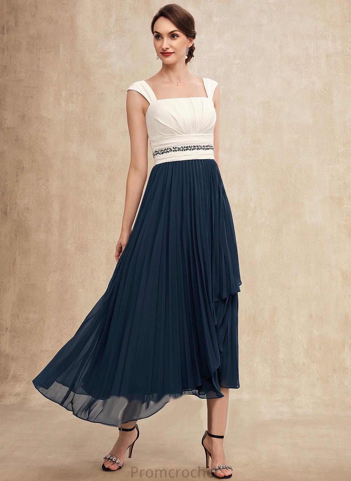 the Sequins Beading With Mother A-Line of Square Ireland Neckline Chiffon Mother of the Bride Dresses Tea-Length Pleated Bride Dress