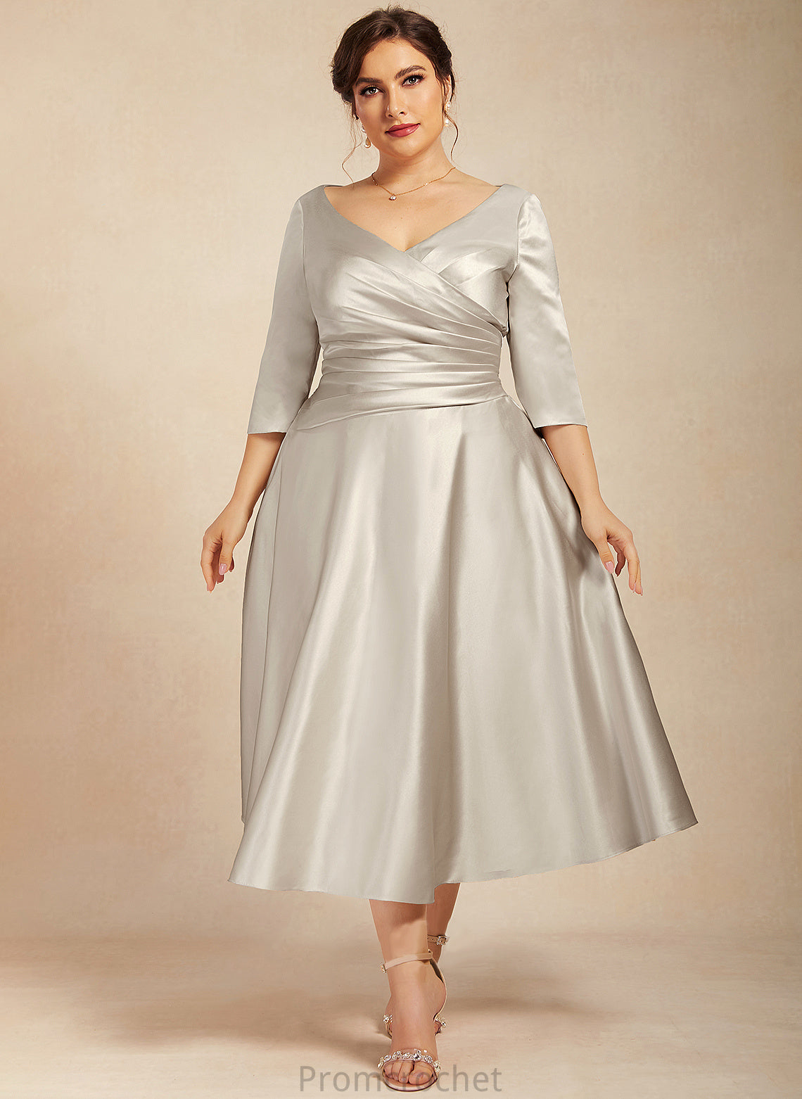 Sal A-Line Satin Mother of the Bride Dresses Tea-Length the V-neck Dress Ruffle With Mother Bride of