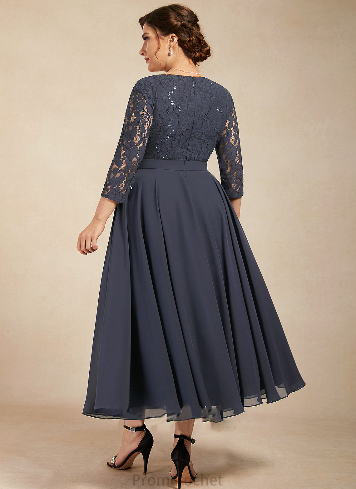 Dress Chiffon Scoop Mother of the Bride Dresses Neck Mother Bride Tea-Length of Sequins A-Line With Elsa Lace the