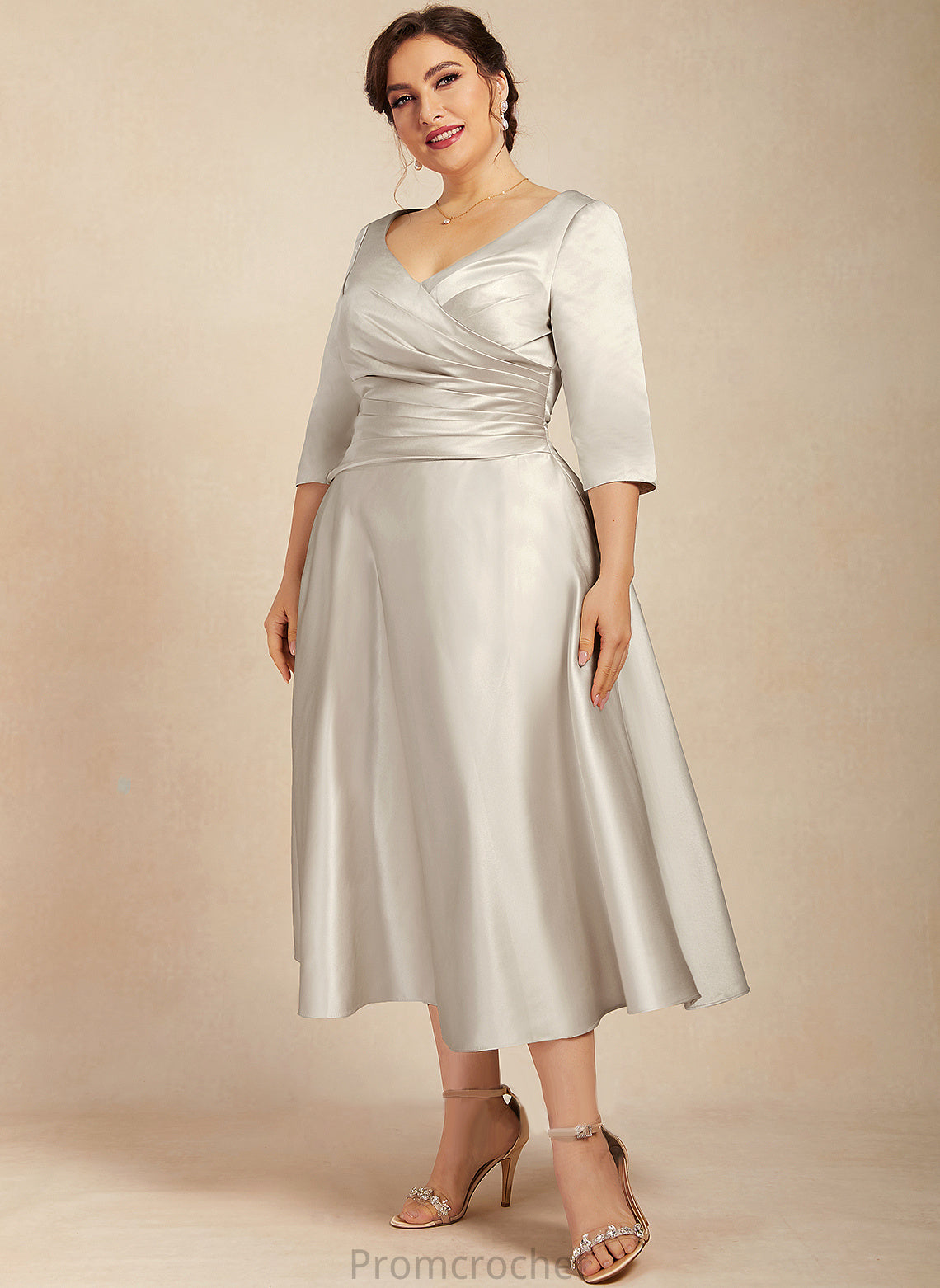 Sal A-Line Satin Mother of the Bride Dresses Tea-Length the V-neck Dress Ruffle With Mother Bride of