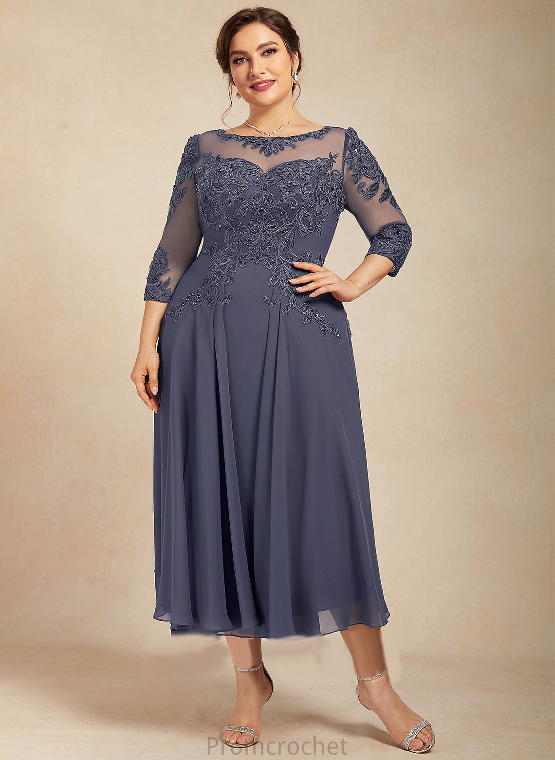 Yamilet Lace Dress the Bride Scoop Sequins Chiffon Mother Mother of the Bride Dresses Neck With Tea-Length A-Line of Beading